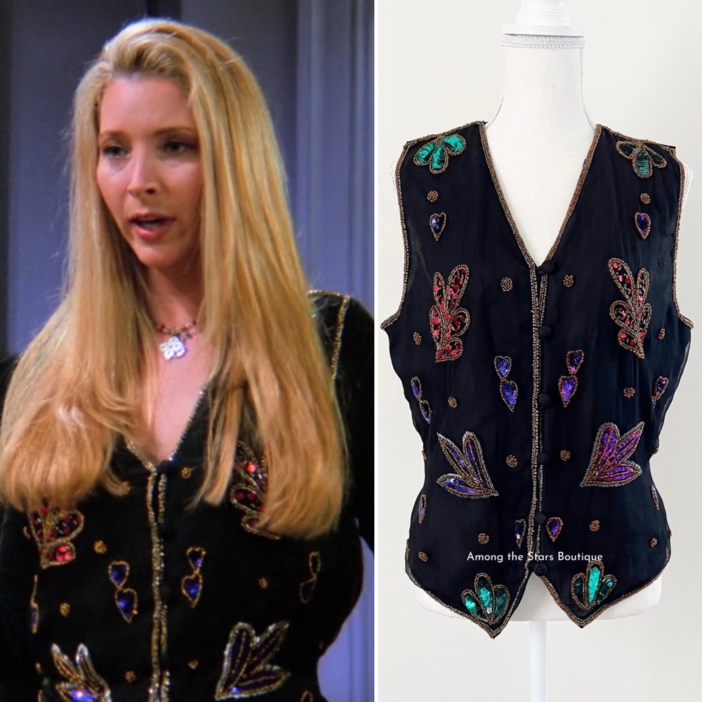 Rare 90s Vintage Embellished Sequin & Beaded Silk Vest ASO Phoebe in Friends - Picture 2 of 14